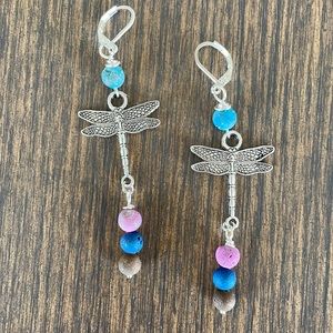 HAND CRAFTED EARRINGS Silver Plated Dragonfly Matte Quartz Orchid Blue Brown